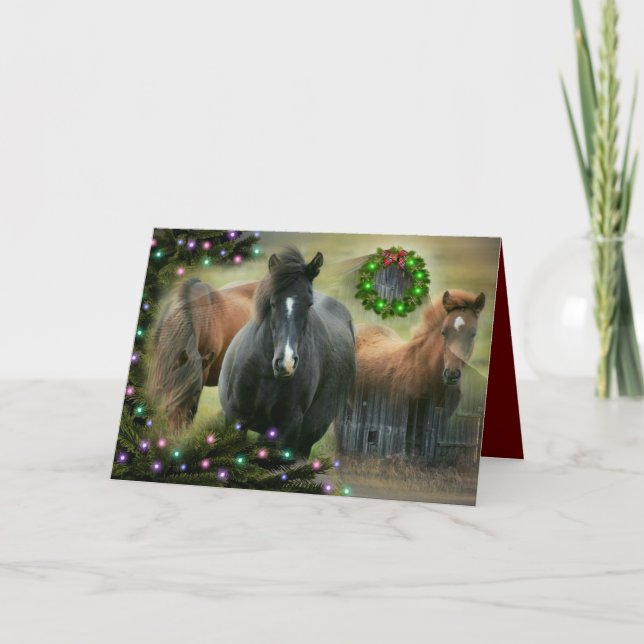 Tarjeta Festiva Hermosos caballos y Navidades rústicos de graneros (Anverso)