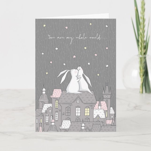 Tarjeta Festiva Hermosos conejitos en la azotea del amor de pareja (Anverso)