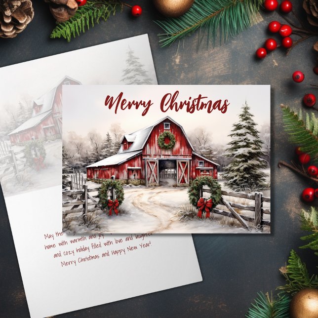 Tarjeta Festiva Hermosos Navidades del Barn Rojo Rústico de Invier (Beautiful Snowy Winter Rustic Red Barn Christmas Holiday Card)