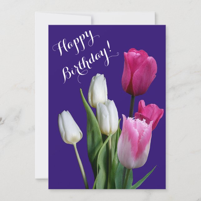 Tarjeta Festiva Hermosos tulipanes florales blancos rosados feliz  (Anverso)