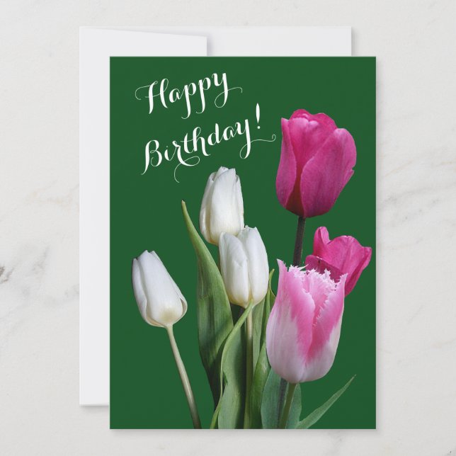 Tarjeta Festiva Hermosos tulipanes florales blancos rosados feliz  (Anverso)