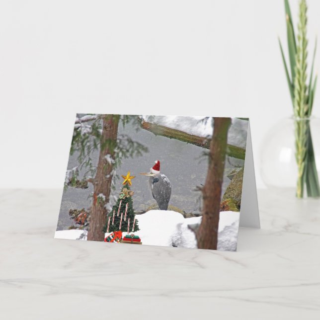 Tarjeta Festiva Heron navidades en foto de nieve (Anverso)