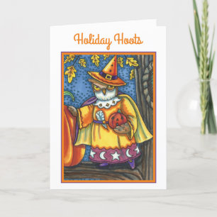 TARJETA FESTIVA HERRAMIENTAS MÁGICAS Y HALLOWEB HOOTS, OWL WIZARD