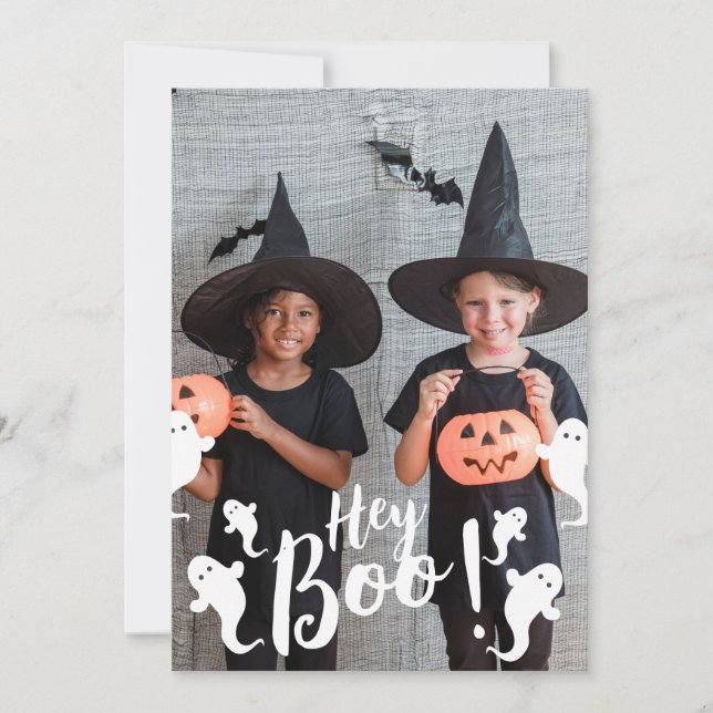 Tarjeta Festiva ¡Hey Boo! Fotos familiares de Halloween fantasmale (Anverso)