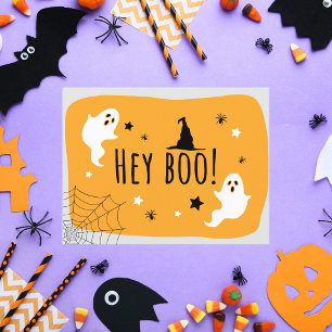 Tarjeta Festiva ¡Hey Boo! Naranja de Halloween con tema fantasma y