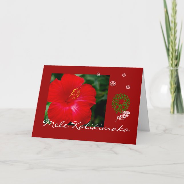 Tarjeta Festiva Hibisco rojo tropical de Hawaii, Mele Kalikimaka (Anverso)