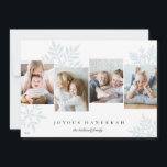 Tarjeta Festiva Hielo | Nevada 4 Collage de fotos Hanukkah<br><div class="desc">El moderno y único diseño de la tarjeta Hanukkah cuenta con cuatro fotos favoritas que se organizan lado a lado, junto con las enormes siluetas de copos de nieve azul pálido en el fondo. Personalice con su saludo de vacaciones personalizado y su(s) apellido(s) bajo letras clásicas; mostrado con "Joyous Hanukkah"....</div>