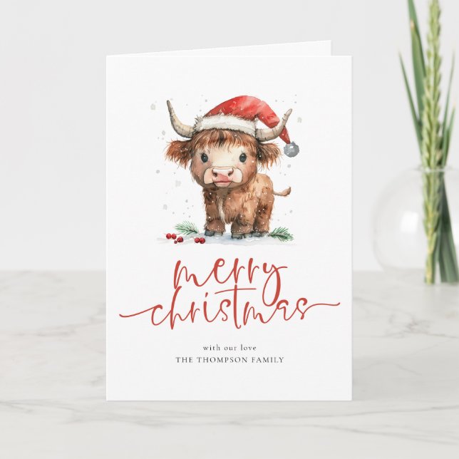 Tarjeta Festiva Highland Cow 2026 Calendar Merry Christmas Folded (Anverso)