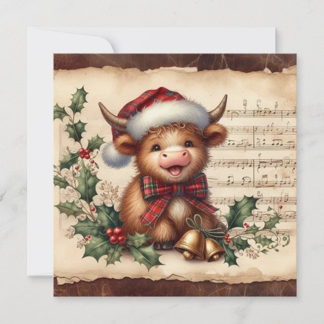 Tarjeta Festiva highland cow music sheet Flat Holiday Card (Anverso)