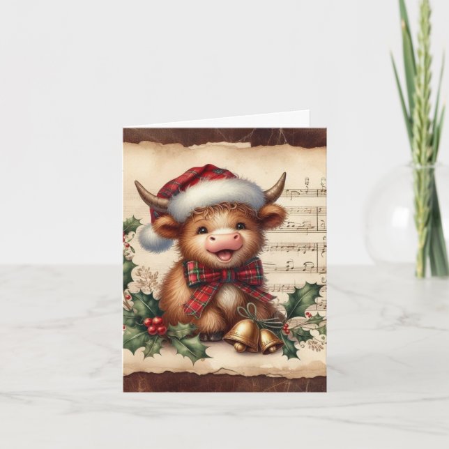 Tarjeta Festiva highland cow music sheet Folded Holiday Card