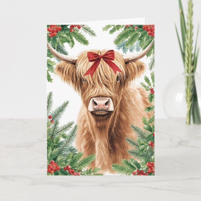 Tarjeta Festiva Highland Cow Red Bow Christmas  (Anverso)