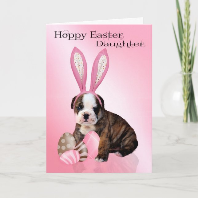 Tarjeta Festiva Hija Cute Bulldog De Pascua Con Huevos (Anverso)