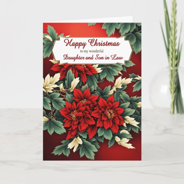 Tarjeta Festiva Hija e hijo en Navidades de Derecho Poinsettias (Anverso)