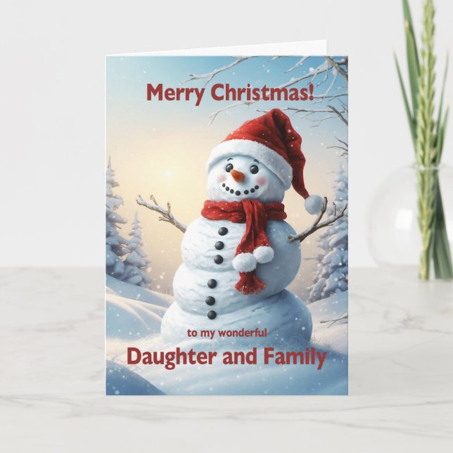 Tarjeta Festiva Hija y Navidades familiares Snowman (Anverso)