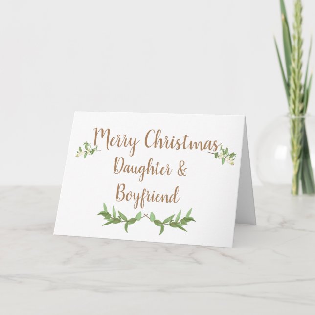 Tarjeta Festiva Hija y novio, Green, deja Navidades (Anverso)