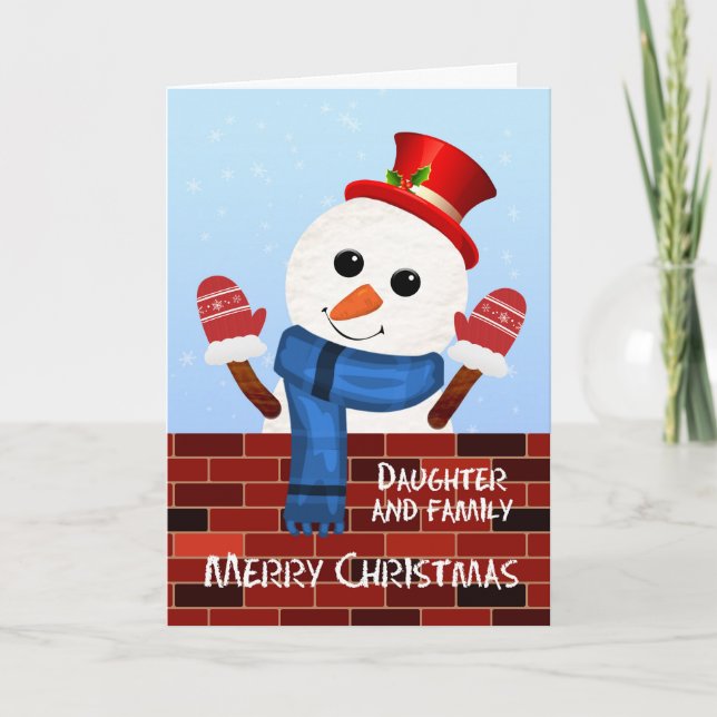 Tarjeta Festiva Hija y sus Navidades familiares Snowman (Anverso)