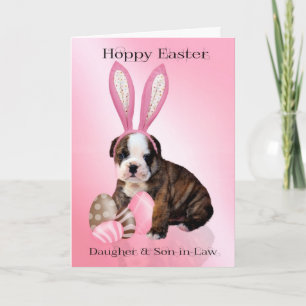 Tarjeta Festiva Hija y yerno adoran Bulldog de Pascua