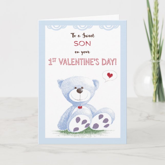 Tarjeta Festiva Hijo, primer El día de San Valentín, Oso de peluch (Anverso)