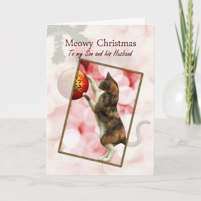 Tarjeta Festiva Hijo y su esposo, Navidades Meowy (Anverso)