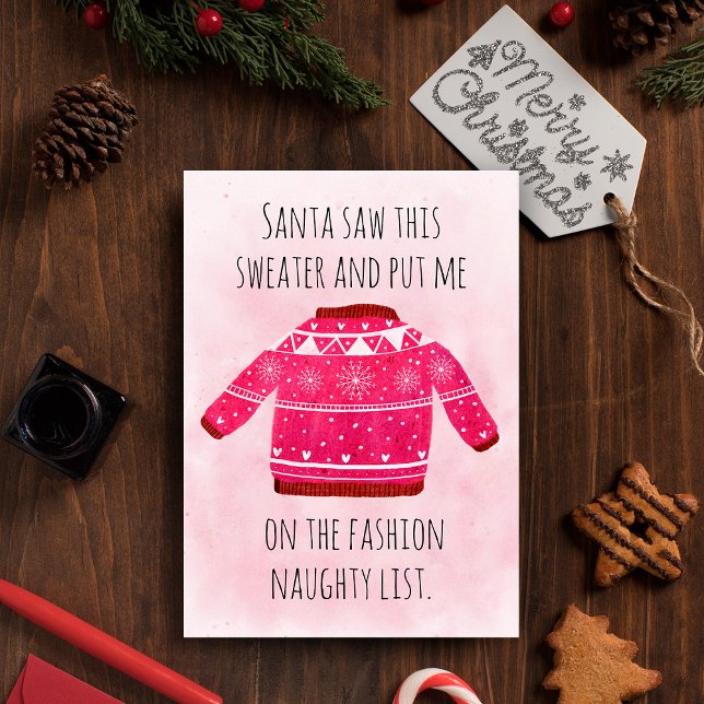 Tarjeta Festiva Hilarious Naughty List Navidades Pink Ugly Sweater (Subido por el creador)