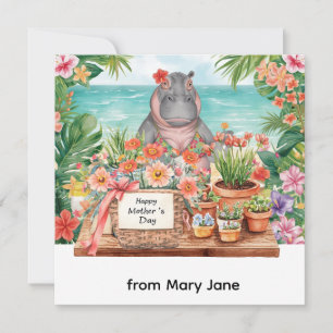 Tarjeta Festiva Hipopótamo con canasta de flores del Día de la Mad