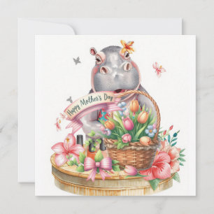 Tarjeta Festiva Hipopótamo Feliz Día de la Madre con canasta de fl