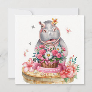 Tarjeta Festiva Hipopótamo Feliz Día de la Madre con canasta de fl