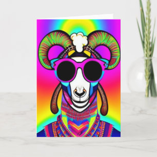 Tarjeta Festiva Hippie Groovy Horned Goat retro trippy Psicodélico