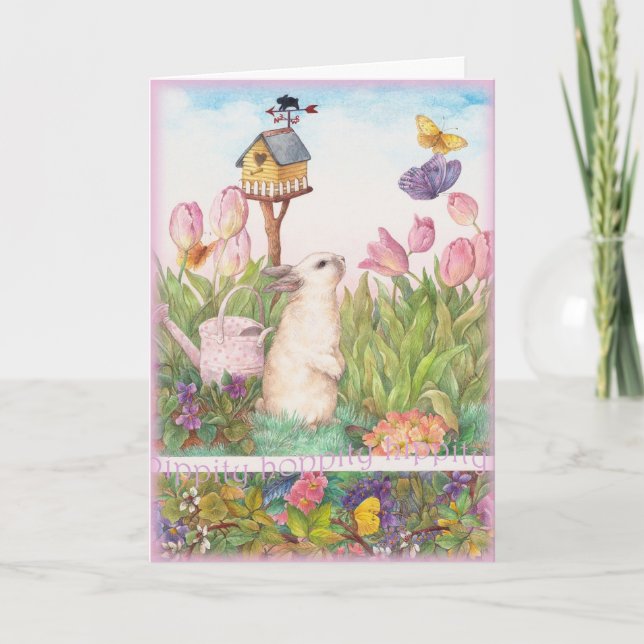 Tarjeta Festiva Hippity Hoppity Easter Bunny Birhouse (Anverso)