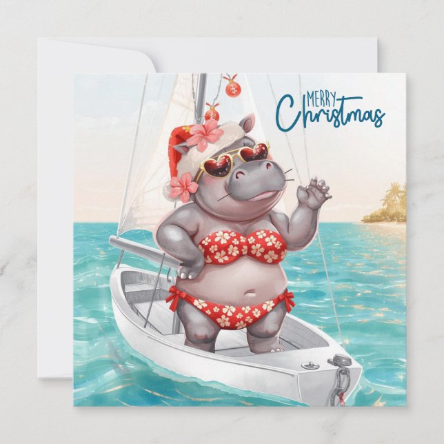 Tarjeta Festiva Hippo Bikini Christmas Sailling (Anverso)