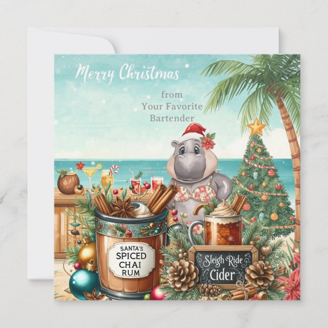 Tarjeta Festiva Hippo with Christmas Cocktail Party Greeting Card  (Anverso)