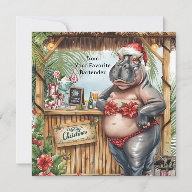 Tarjeta Festiva Hippo with Christmas Cocktail Party Greeting Card  (Anverso)