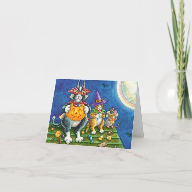 TARJETA FESTIVA HISS N' FITZ GATOS, TRICK O TREAT FUNNY HALLOWEEN (Anverso)
