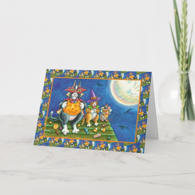 TARJETA FESTIVA HISS N' FITZ GATOS, TRICK O TREAT FUNNY HALLOWEEN (Anverso)