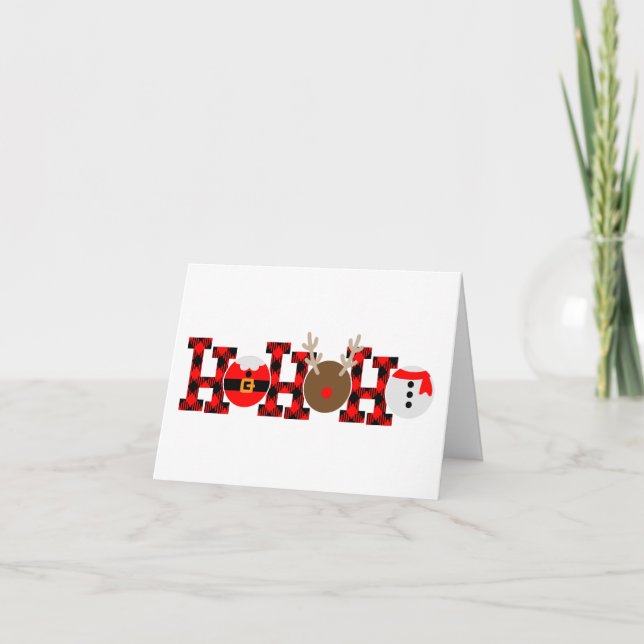 Tarjeta Festiva Ho Ho Ho Ho Buffalo Plaid | Santa Reindeer Snowman (Anverso)