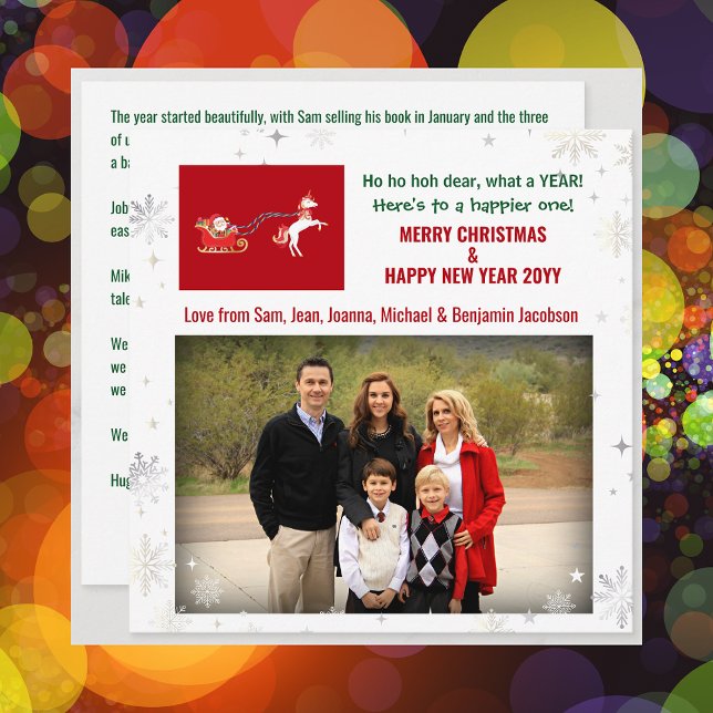 Tarjeta Festiva Ho Ho Ho Hoh Querida Divertida Foto De Santa Unico (Funny Cute Unicorn Santa Sleigh Oh Deer What a Year Merry Christmas Happy New Year 1 Photo Letter)