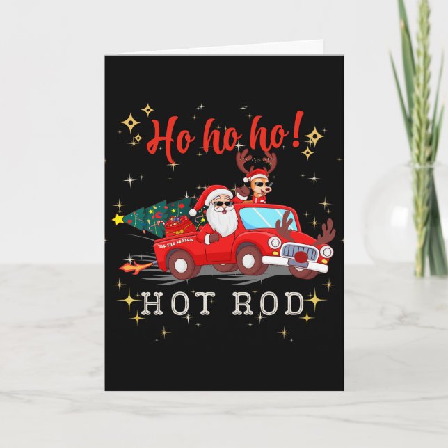 Tarjeta Festiva Ho ho ho Hot Rod Navidades de Santa Reindeer Truck (Anverso)
