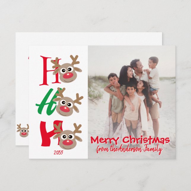Tarjeta Festiva Ho Ho Ho Merry Christmas Reindeer Family Photo (Anverso / Reverso)