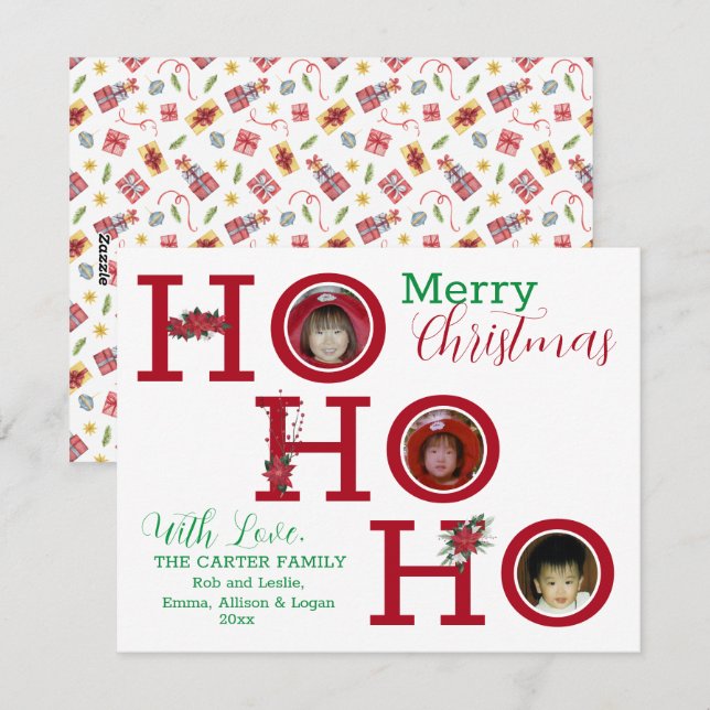 Tarjeta Festiva HO HO HO Tres Fotos Personalizadas (Anverso / Reverso)