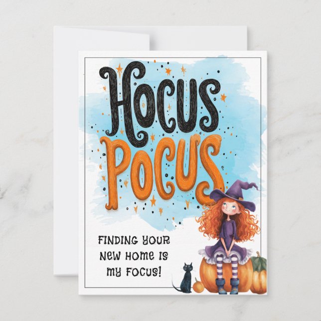 Tarjeta Festiva Hocus Pocus Inmobiliaria Personalizada de Hallowee (Anverso)