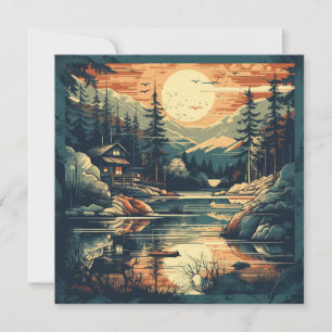 Tarjeta Festiva Hogar de montaña de arte retro escandinavo