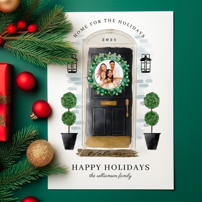 Tarjeta Festiva Hogar Para Las Vacaciones Foto De La Puerta De La  (Home For The Holidays Black Watercolor Door Photo Holiday Card)