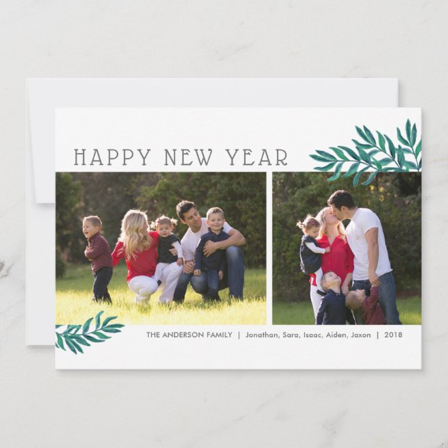Tarjeta Festiva Hojas de acuarela | Feliz Año Nuevo Dos Foto (Anverso)