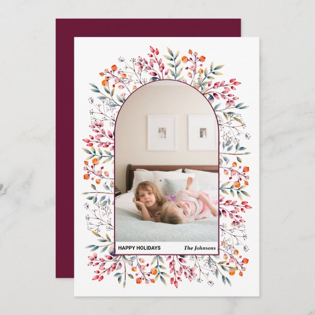 Tarjeta Festiva Hojas de arca y bayas, foto de Navidades burdeos (Anverso / Reverso)