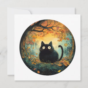 Tarjeta Festiva Hojas de otoño otoño acogedor gato negro en la mag