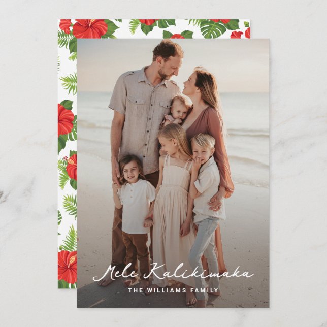 Tarjeta Festiva Hojas tropicales Hibiscus Foto Mele Kalikimaka (Anverso / Reverso)