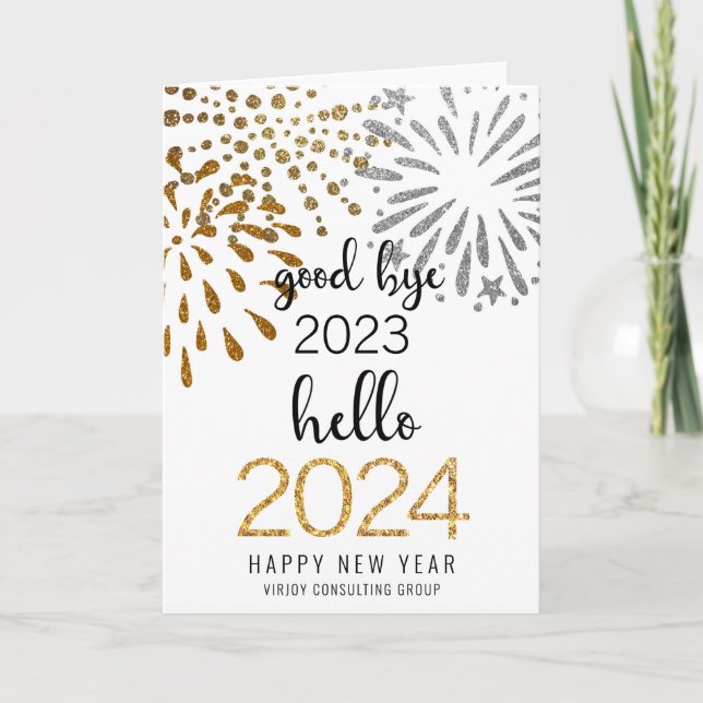 Tarjeta Festiva Hola 2025 Business Gold Purpurina fuegos artificia (Anverso)