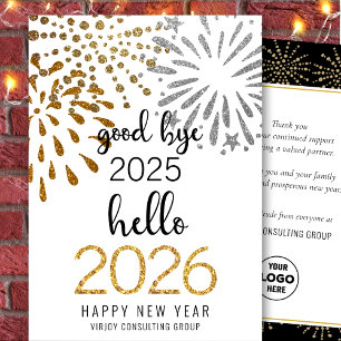 Tarjeta Festiva Hola 2025 Business Gold Purpurina fuegos artificia