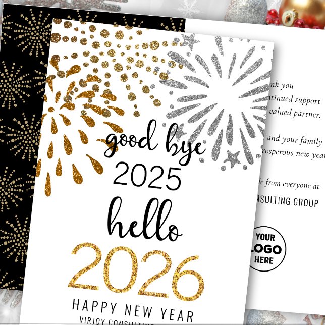 Tarjeta Festiva Hola 2025 Business Gold Purpurina fuegos artificia (Subido por el creador)