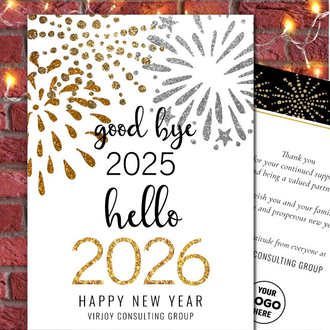 Tarjeta Festiva Hola 2025 Business Gold Purpurina fuegos artificia (Subido por el creador)